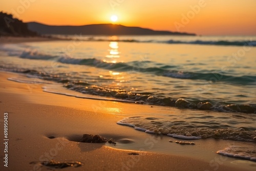 Sandy beach close-up by the sea with crashing waves, landscape panoramic view, tropical horizon seascape, calm, tranquil, and relaxing summer mood under the orange and golden sunset sky generative ai
