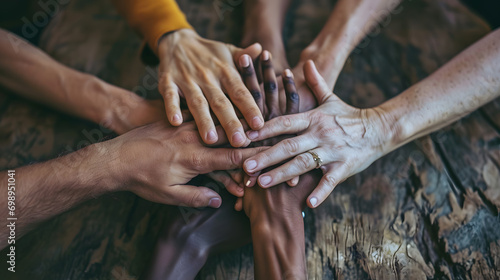 Photo of hands of diverse people unity. No racism and unity of different people concept  photo