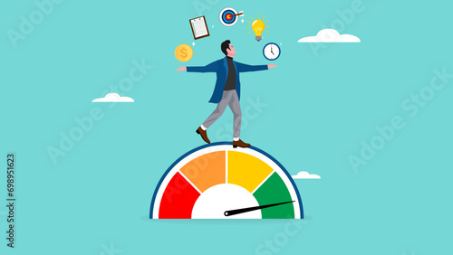 smart businessman on high performance handle multitasks illustration. multitasking job or success talent concept. employee performance or skill for job achievement, work productivity or efficiency