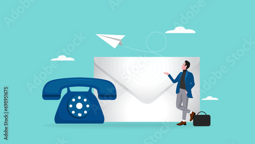 contact us via email illustration with businessman businessman standing next to mail and telephone to send message. businessman communication with customer or client. business information by email