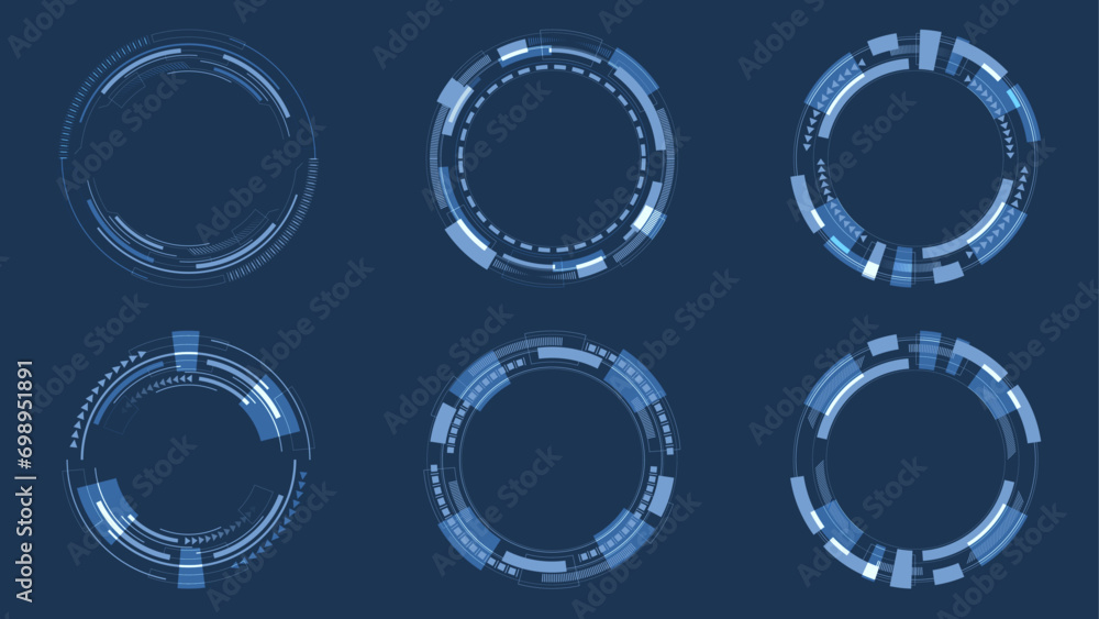 Set of User Interface HUD futuristic style. Abstract circles, geometric shapes, advanced technology, artificial intelligence, cyber security, digital technology on a blue background.