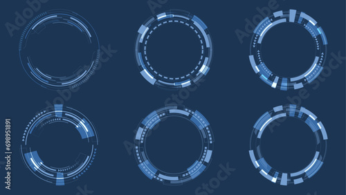 Set of User Interface HUD futuristic style. Abstract circles, geometric shapes, advanced technology, artificial intelligence, cyber security, digital technology on a blue background.