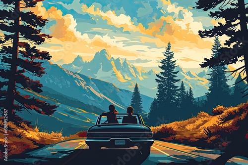 A family on a road trip in a car, contemporary digital art with a flat design aesthetic, with bold color contrasts, simplified shapes, and clean lines
