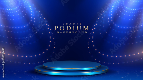 Golden empty podium on dark blue background with spotlight effect decoration and sparkling bokeh.