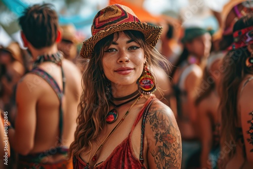 A group of friends at a music festival, bohemian style with vibrant colors and whimsical patterns