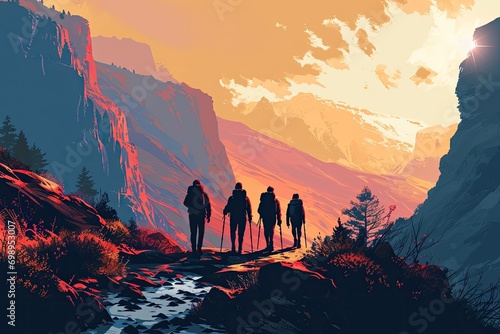 A group of friends hiking in a mountainous landscape, contemporary digital art with a flat design aesthetic, with bold color contrasts, simplified shapes, and clean lines