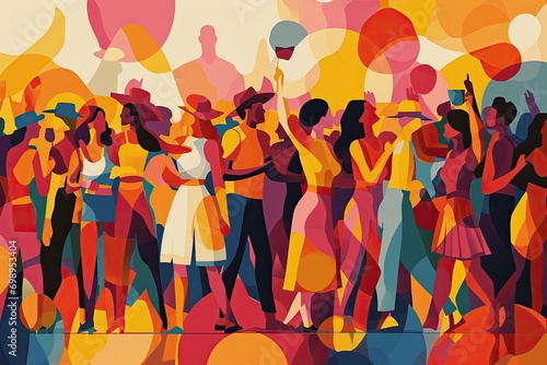 A group of people celebrating a festival, contemporary digital art with a flat design aesthetic, with bold color contrasts, simplified shapes, and clean lines