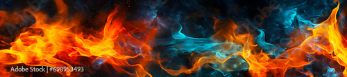 dynamic scene of orange and blue flames intermingling, suggesting the intense heat and energy of fire against a dark background photo