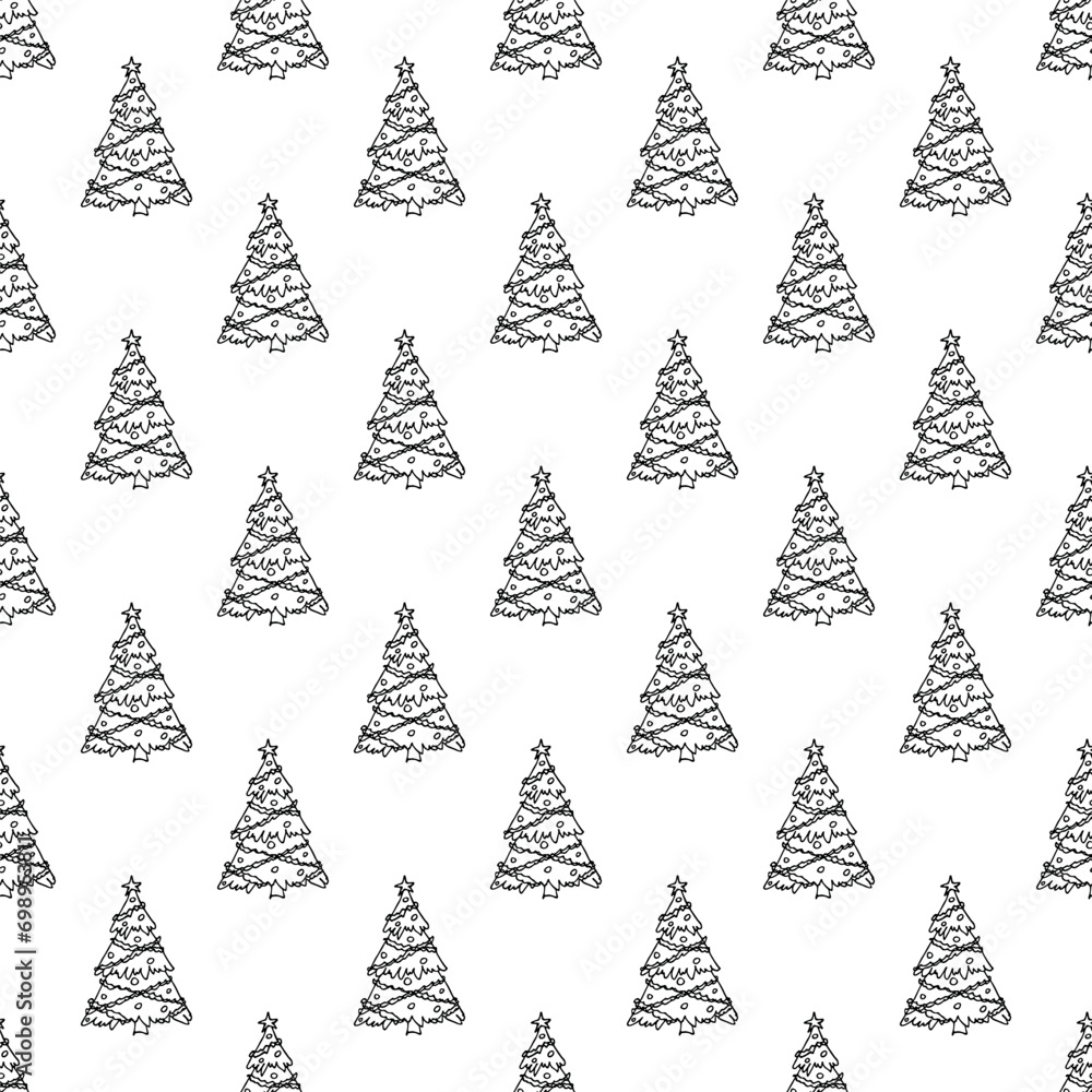 Fototapeta premium Seamless pattern with geometric minimal scandinavian Christmas tree doodle for decorative print, wrapping paper, greeting cards and fabric