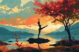 A person doing yoga in a peaceful outdoor setting, contemporary digital art with a flat design aesthetic, with bold color contrasts, simplified shapes, and clean lines