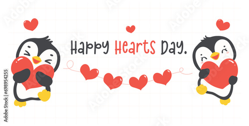 Cute couple penguins Valentine with heart lcartoon drawing  illustration animal banner.