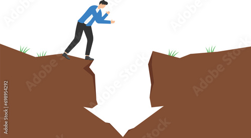 Businessman looking into a hole in the arrow shape. The falling arrow