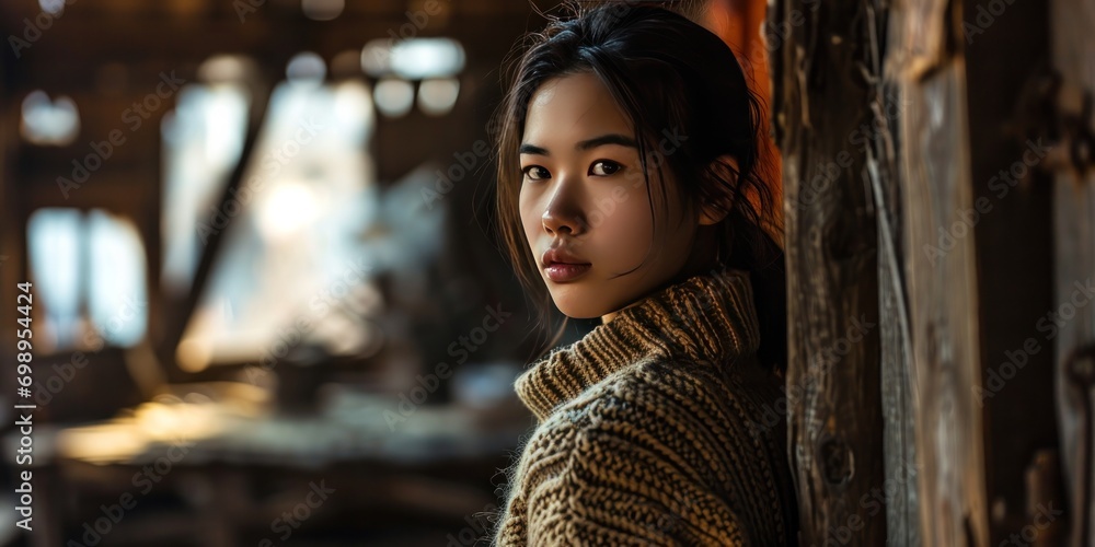 a young woman wearing an asian knitted sweater standing in a barn, generative AI a young woman wearing an asian knitted sweater standing in a barn, generative AI