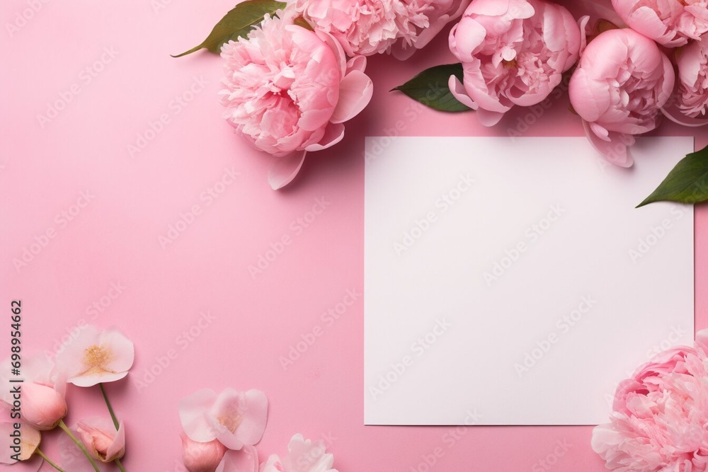 A greetings card with beautiful pink flowers piones on a pink background. Valentines day, wedding or birthday gift card mockup
