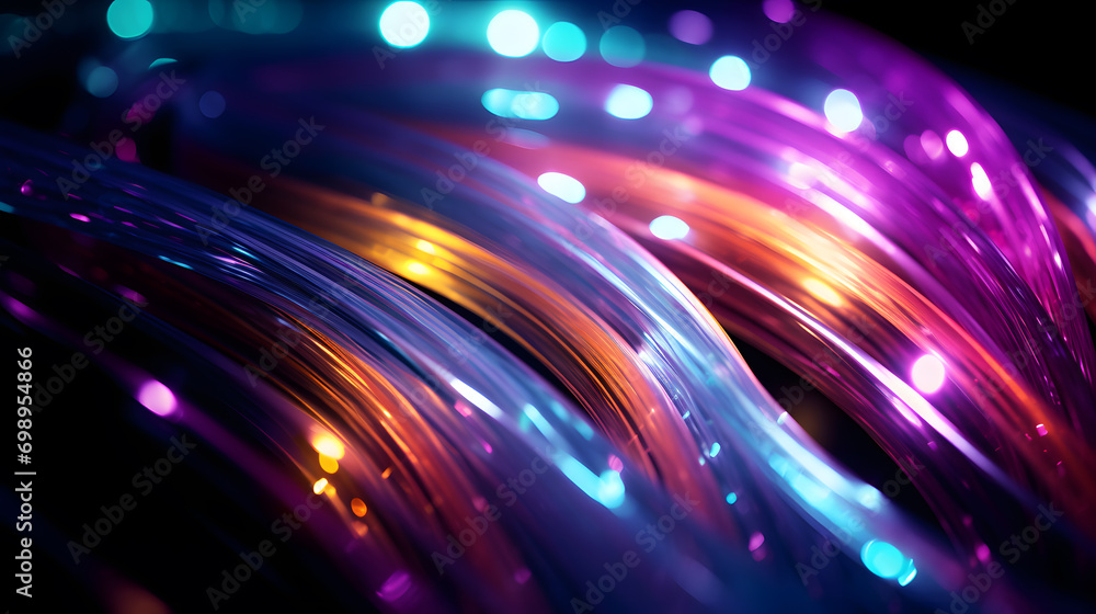 Close-up view of fiber optical wire with neon light. Technology wallpaper