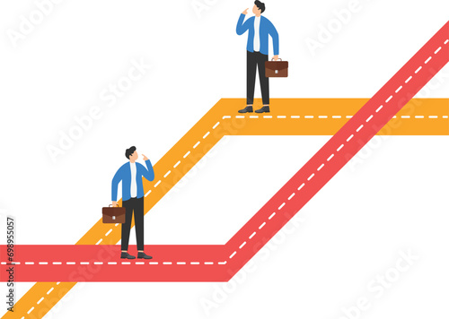 Two men standing different business paths. Concept business success illustration. Vector cartoon character and abstract flat


