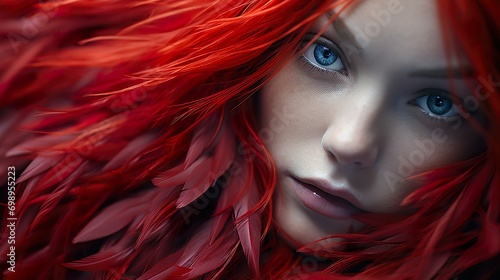 enchanting redhead with ice blue eyes and striking red feather collar