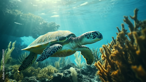 turtle with Colorful tropical fish and animal sea life in the coral reef © Samvel