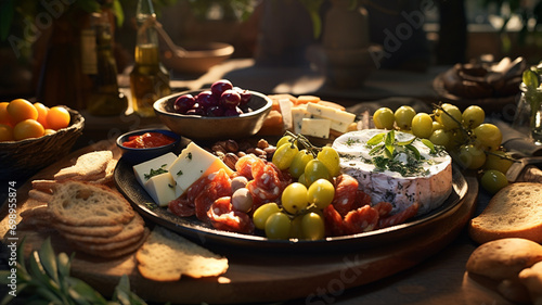 Mezze Platter: Middle Eastern-inspired platter featuring hummus, falafel, stuffed grape leaves photo
