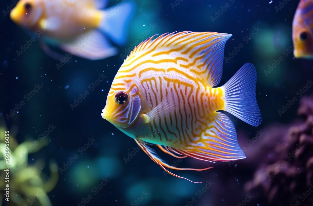 Fototapeta premium Colourful discus fish in aquarium with coral background, tropical fish. Symphysodon discus from Amazon river