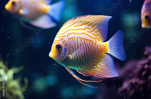 Colourful discus fish in aquarium with coral background, tropical fish. Symphysodon discus from Amazon river