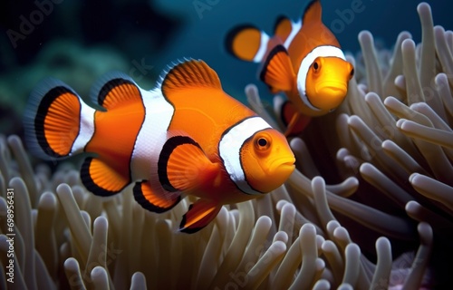 The ocellaris clownfish (Amphiprion ocellaris) swim among the tentacles of anemones, symbiosis of fish and anemones © Instacraft.Studio