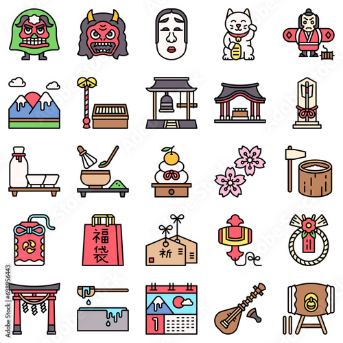 Japanese New Year related filled icon set