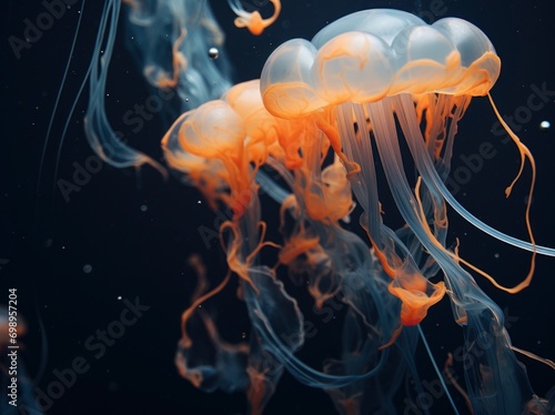 Beautiful transparent jellyfish swimming in the deep sea, black backgrounds