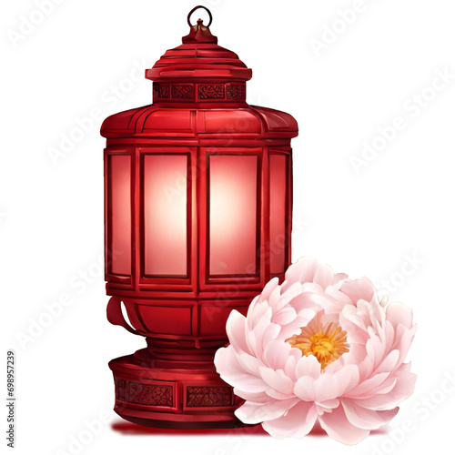Antique lantern with pink peony flowers 