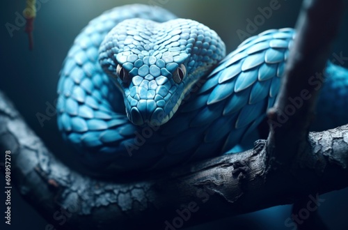 Dangerous blue viper snake on a branch, poisonous snake