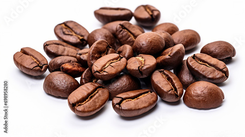 Close-up of Freshly Roasted Coffee Beans on White Background, Aromatic Dark Roast for Morning Boost and Gourmet Delight