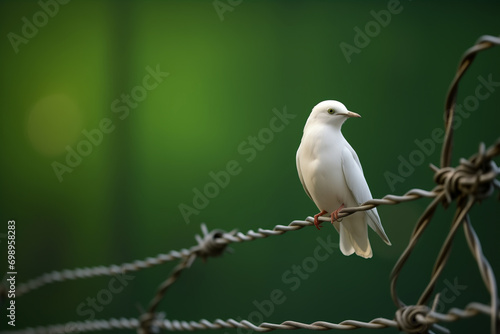 White dove of freedom on Pakistan flag background and barbed wire, concept Kashmir Solidarity Day 5th Feb