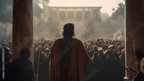 Rear view Jesus preaches to people on streets of Rome. Concept of spread of Christianity photo