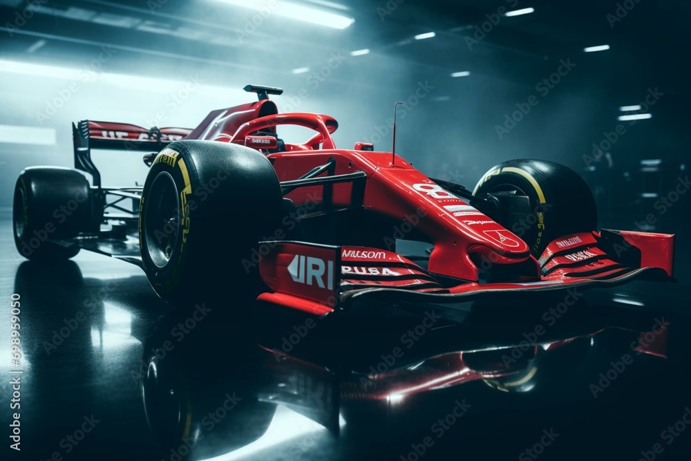 Flat front red F1 racecar with brand neutrality. Generative AI