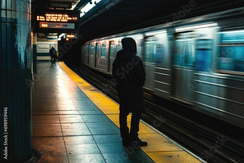 Man standing in front of speeding train on subway platform 