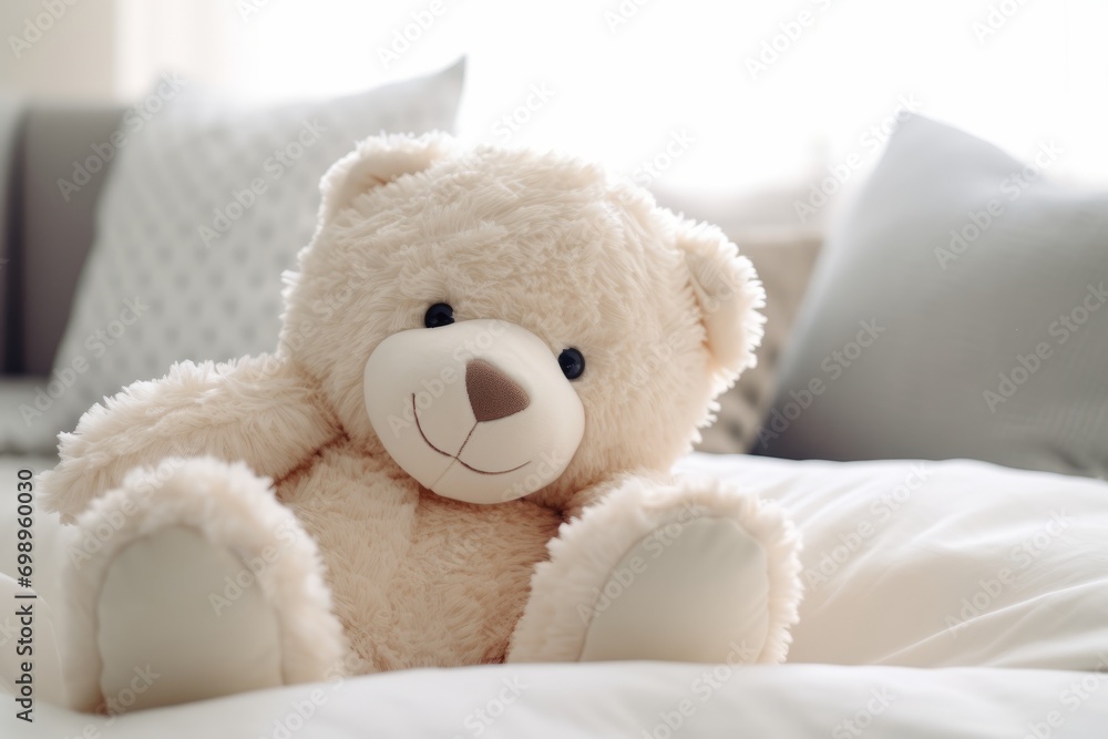 Cuddly teddy bear in the bedroom