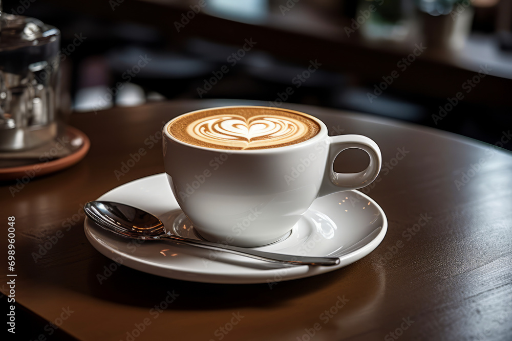 Close up white coffee cup with heart shape latte art foam Close up white coffee cup with heart shape latte art foam