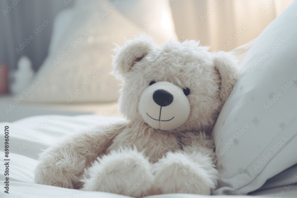 Cuddly teddy bear in the bedroom Cuddly teddy bear in the bedroom