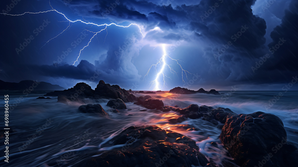 Incredible storm with intense lightning - obrazy, fototapety, plakaty 