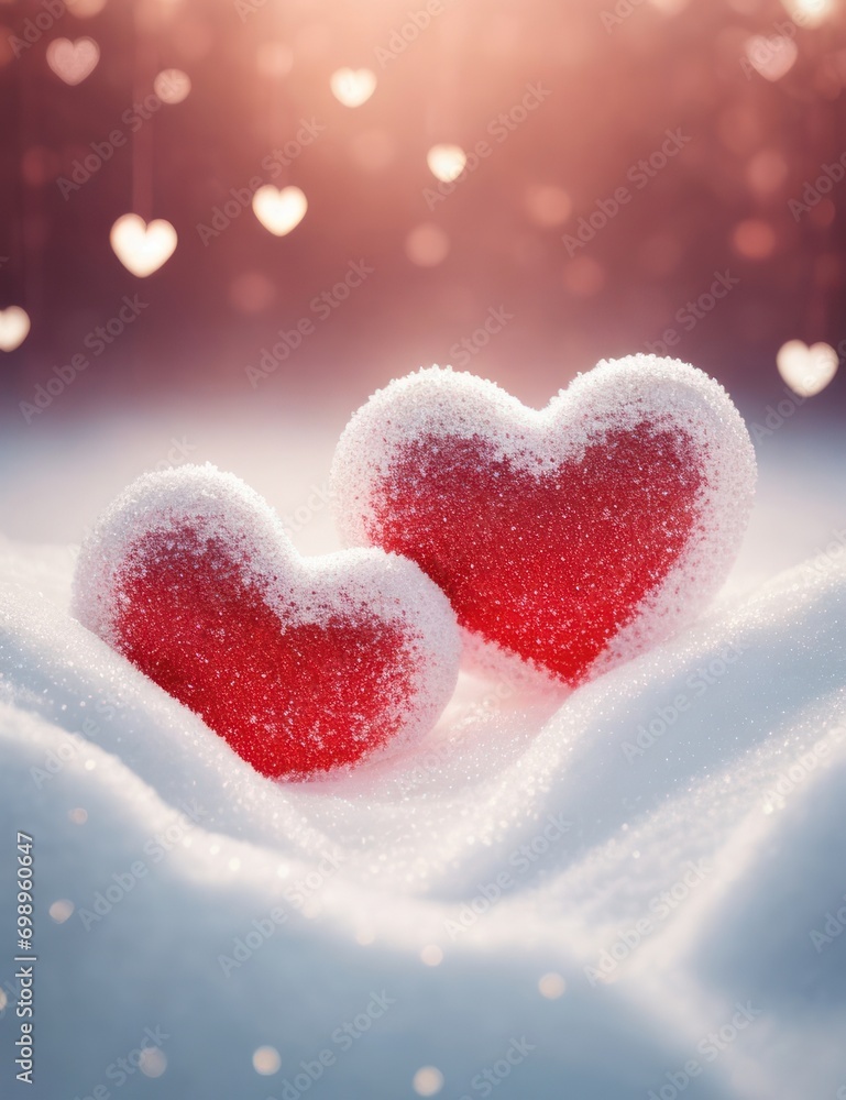 Abstract background with two hearts on the snow, Valentine background, Valentine wallpaper Abstract background with two hearts on the snow, Valentine background, Valentine wallpaper