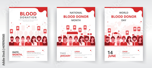 Poster, flyer, or report cover templates for national blood donor month, world blood donor day or any other blood donation program photo