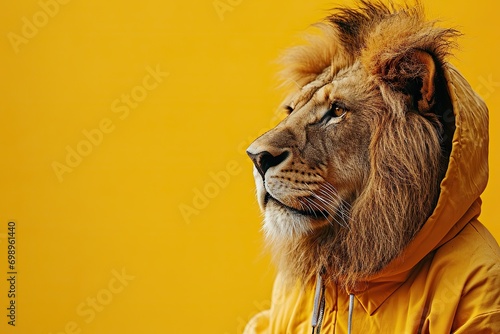 Animals are like humans. Portrait of a Leo in a jacket. On a yellow background. Place for text