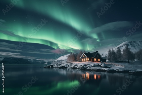 house in the forest by the lake with nordic lights above