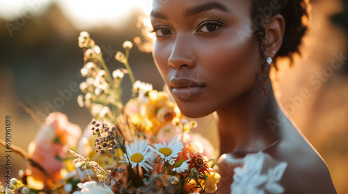 american african bride holding a  bunch of flowers photo