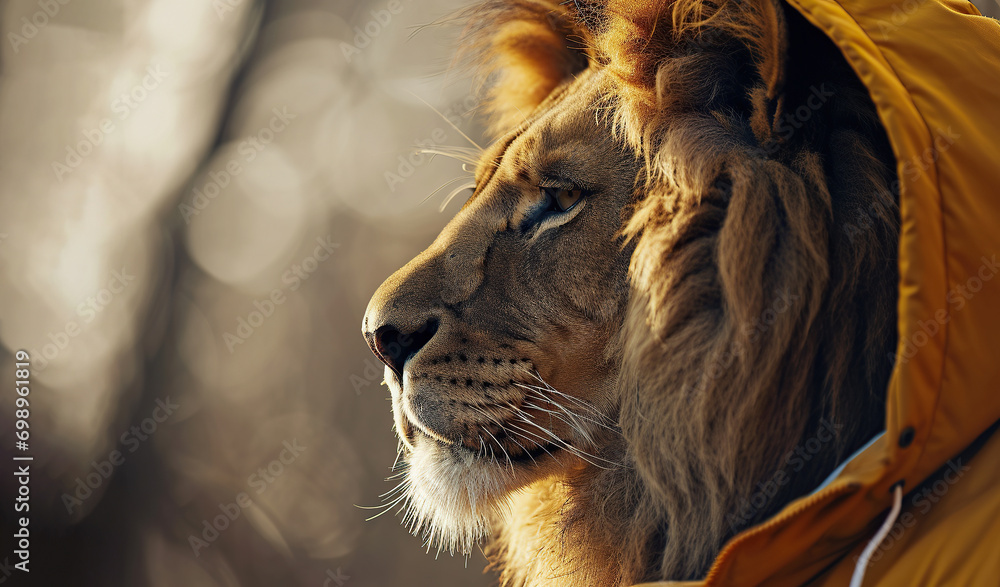Naklejka premium Portrait of a lion in a jacket with a hood
