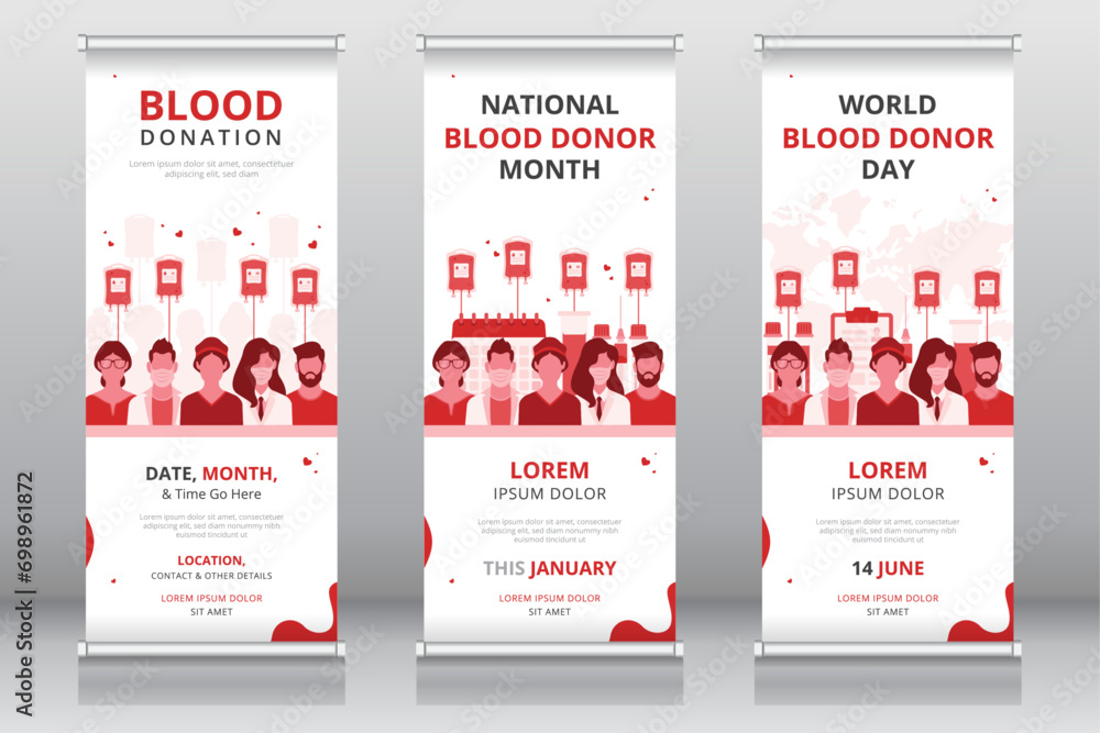 Roll up or retractable banner, standee, X-banner templates for national blood donor month, world blood donor day or any other blood donation program - obrazy, fototapety, plakaty 