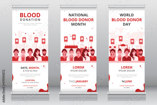 Roll up or retractable banner, standee, X-banner templates for national blood donor month, world blood donor day or any other blood donation program