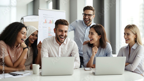 Happy cheerful diverse office workers team laughing at funny joke work together at corporate group business meeting, excited smiling employees colleagues talking having fun in workplace with laptop