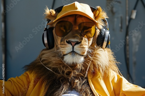 Hipster lion with headphones and cap