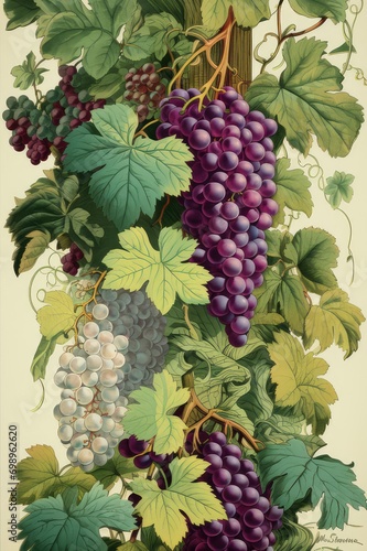 An illustration of various grapes and leaves, realistic usage of light and color, white, green and purple, hanging scroll, vintage imagery, chromatic variations, detailed illustrations